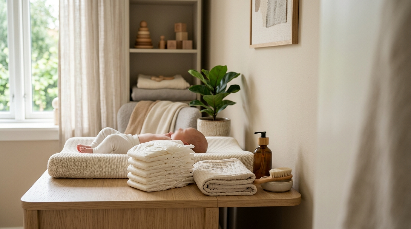Safest non-toxic diapers for sensitive skin arranged in a clean nursery